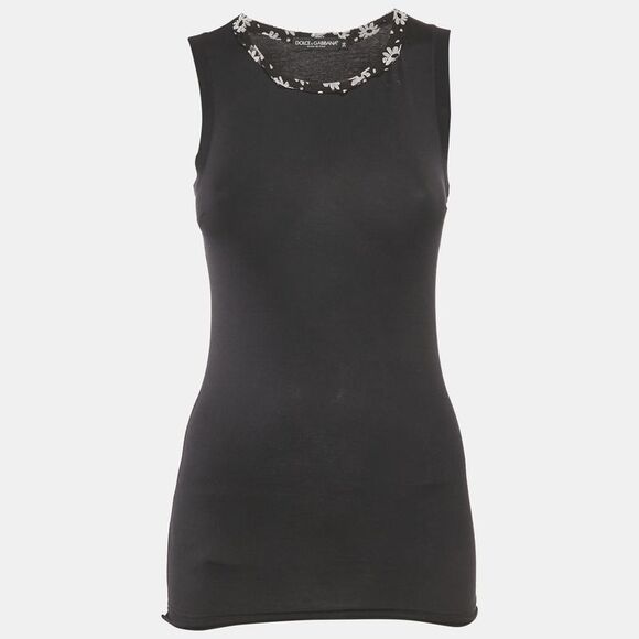 Dolce & Gabbana Black Floral Silk Trim Jersey Sleeveless Top Xs
